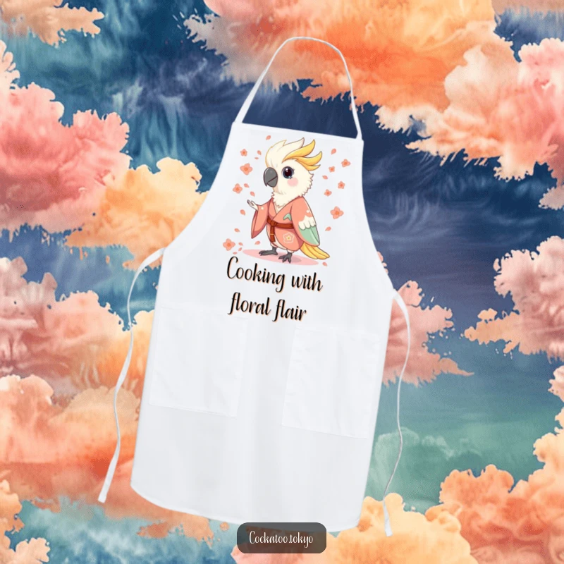 Funny Apron depicting a charming cockatoo in a flowing kimono, humorously throwing flower petals while cooking, a chef's whimsical companion.
