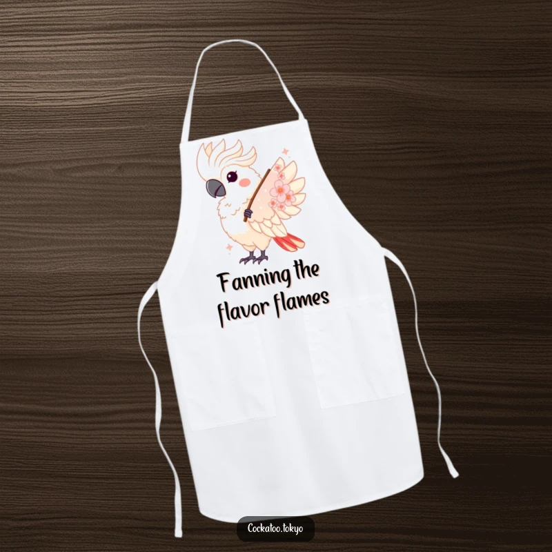 Funny Kawaii Cockatoo Apron: Bird twirls with a fan, bringing elegant humor to the kitchen.