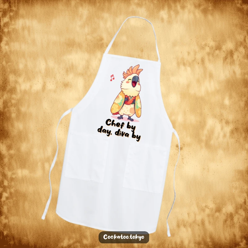 Funny Apron depicting a cute cockatoo in a vibrant kimono, humorously singing while preparing a feast, a chef's funny companion.