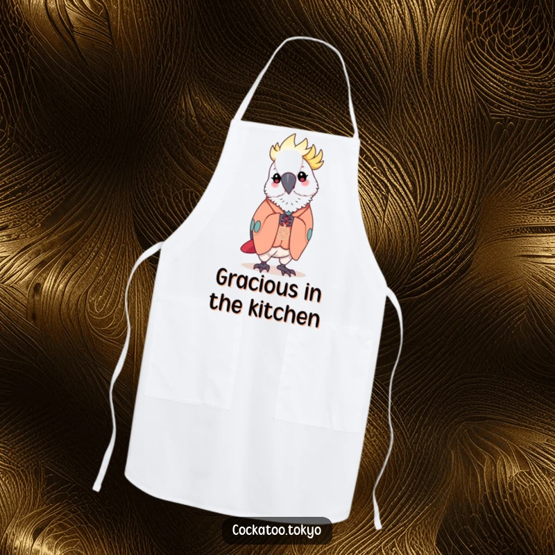 Funny Apron depicting a kawaii cockatoo in an elegant kimono, humorously bowing while cooking, a symbol of polite culinary performance.