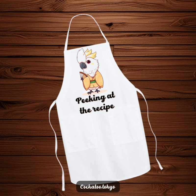 Funny Kawaii Cockatoo Apron: Bird in patterned kimono peeks from a fan, bringing playful humor to the kitchen.