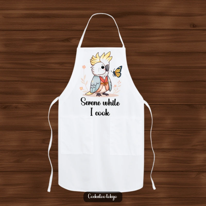 Funny Apron depicting an adorable cockatoo in a serene kimono, humorously observing a butterfly while cooking, a chef's peaceful companion.
