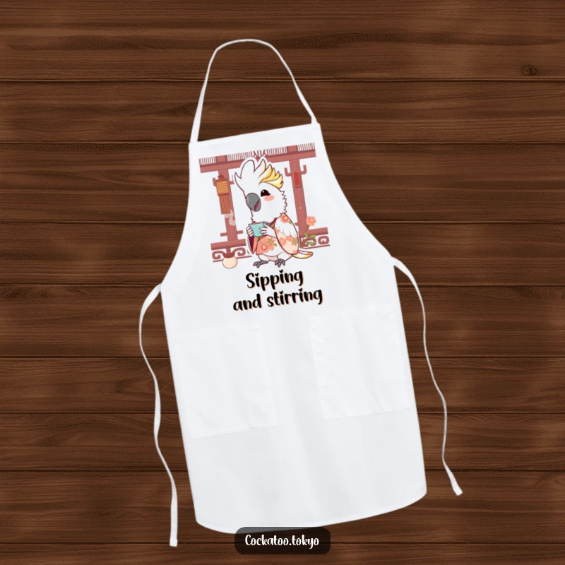Funny Kawaii Cockatoo Apron: Bird in floral kimono sips tea, bringing joyful humor to the kitchen.