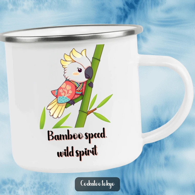 Funny Kawaii Cockatoo Camping Mug: Bird in a kimono slides bamboo, ideal for outdoor laughs and warm drinks.