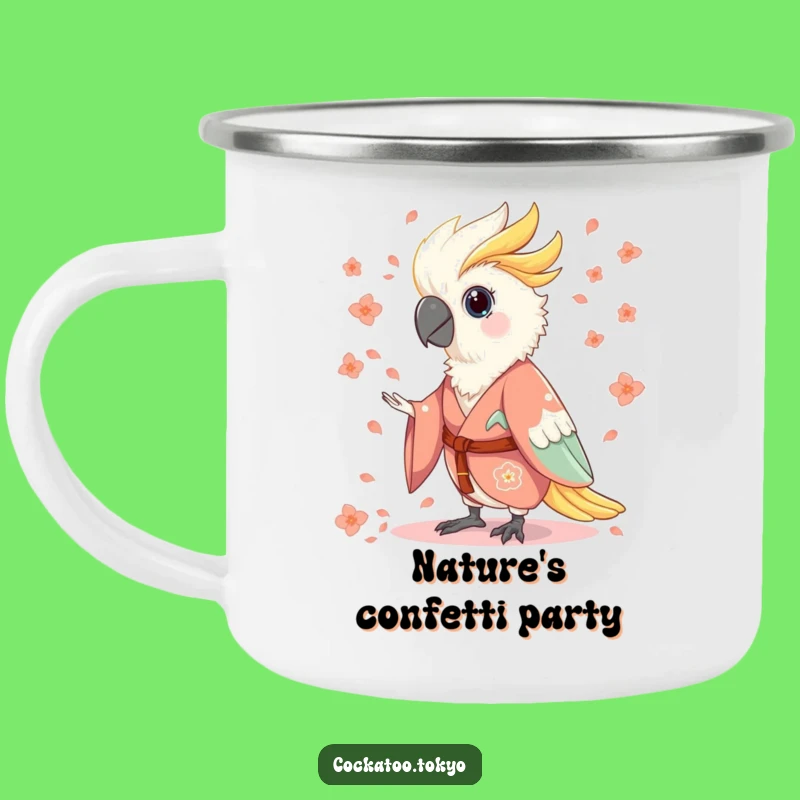 Funny Charming Cockatoo Camping Mug: Flowing Kimono Petals, Durable & Whimsical Bird Mug, Perfect Funny Gift
