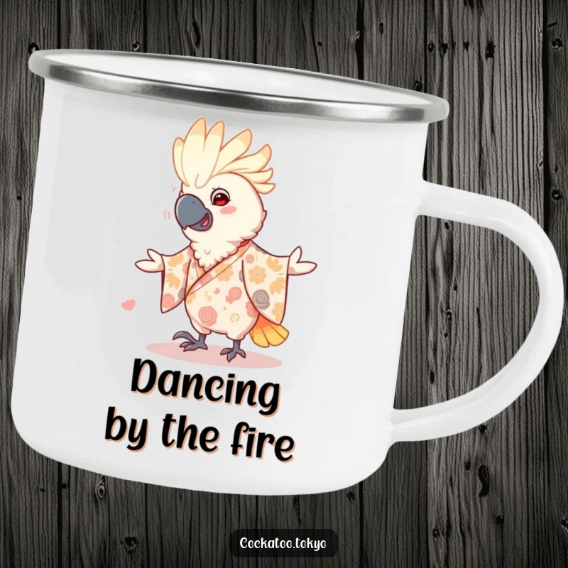 Funny Camping Mug with a smiling cockatoo in a patterned kimono, doing a happy dance, perfect for enjoying drinks outdoors with a humorous twist.