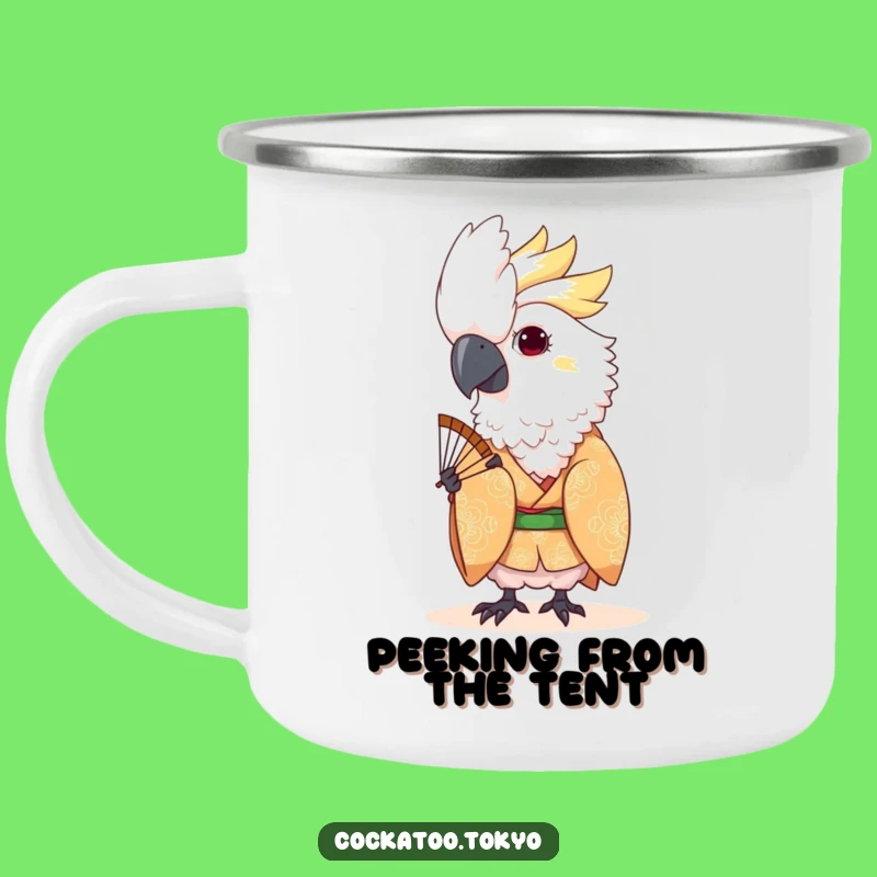 Funny Kawaii Cockatoo Fan Peek Camping Mug: Playful Outdoor Fun