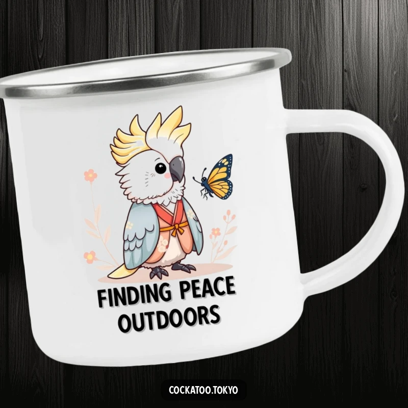 Funny Camping Mug with an adorable cockatoo in a serene kimono, peacefully observing a butterfly, offering a tranquil and humorous drinking experience outdoors.