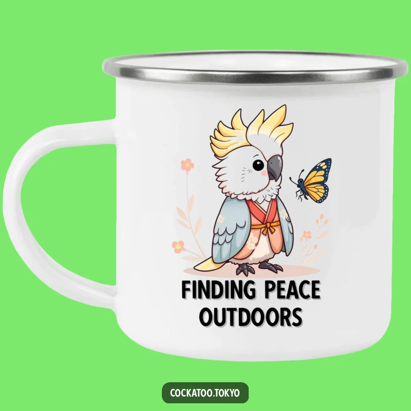 Funny Serene Cockatoo Camping Mug: Kimono Butterfly Peace, Durable & Calm Bird Mug, Perfect Funny Gift