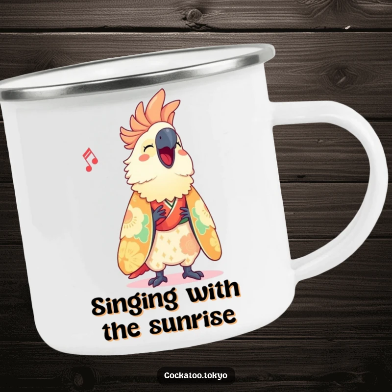 Funny Camping Mug featuring a cute cockatoo in a vibrant kimono, singing happily, ideal for enjoying beverages outdoors with a humorous twist.