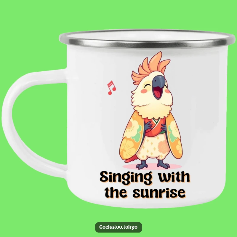 Funny Cockatoo Camping Mug: Vibrant Kimono Singer, Durable & Hilarious Bird Mug, Perfect Funny Gift