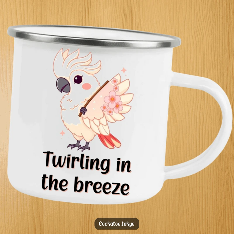 Funny Kawaii Cockatoo Camping Mug: Bird twirls with a fan, an elegant and humorous mug for outdoor enjoyment.