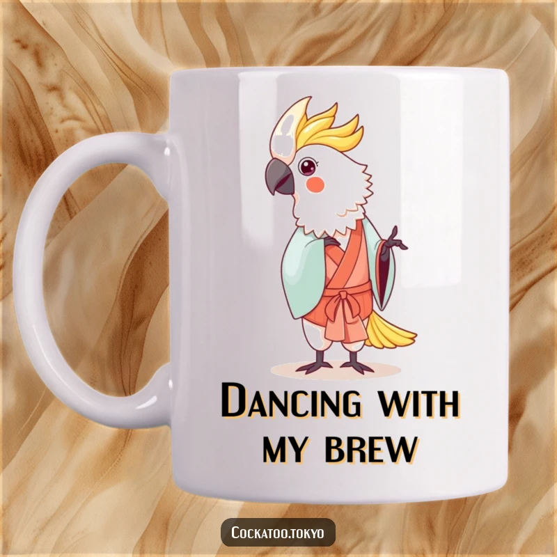 Funny Kawaii Cockatoo Mug: Bird in traditional kimono performs a gentle dance, exuding grace and humor.