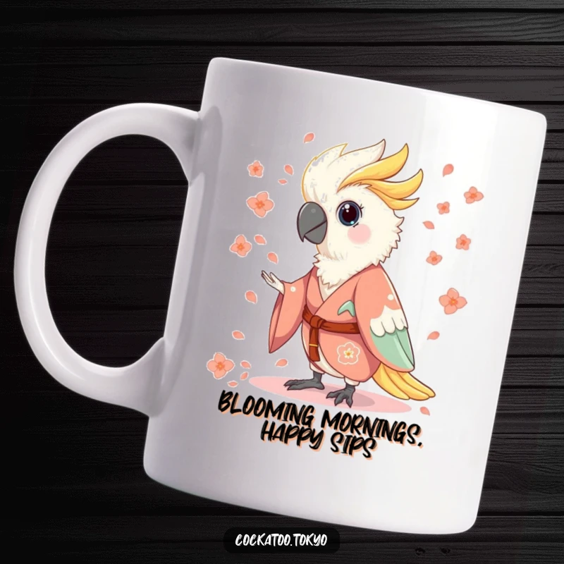 Funny Mug featuring a charming cockatoo in a flowing kimono, humorously throwing flower petals with a delightful and whimsical expression.