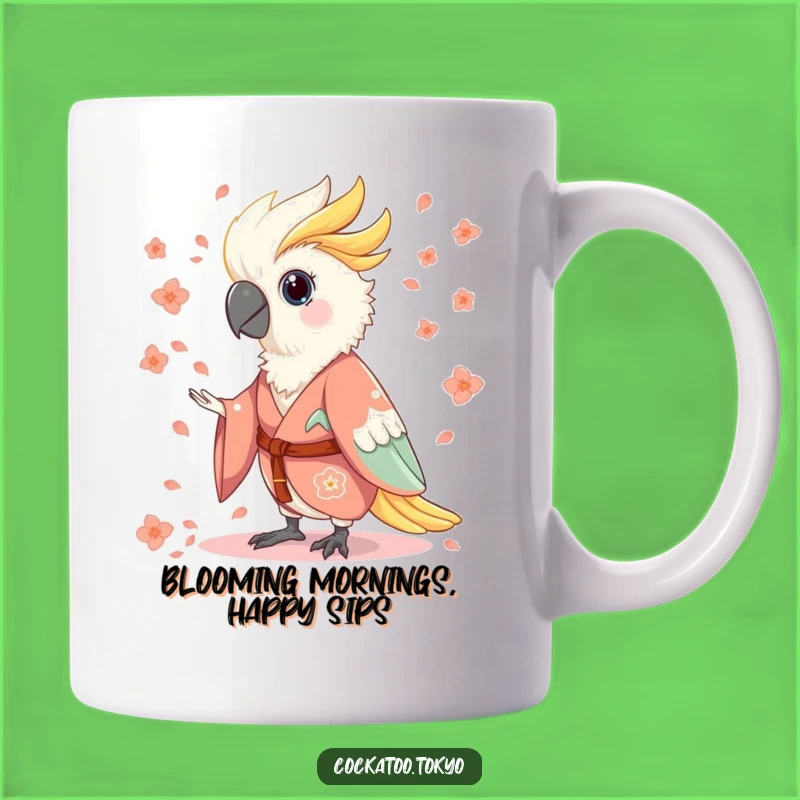 Funny Charming Cockatoo Mug: Flowing Kimono Petals, Joyful Bird, Perfect Funny Gift