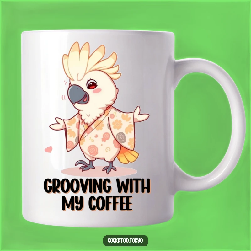 Funny Dancing Cockatoo Mug: Patterned Kimono Fun, Joyful Bird, Perfect Funny Gift