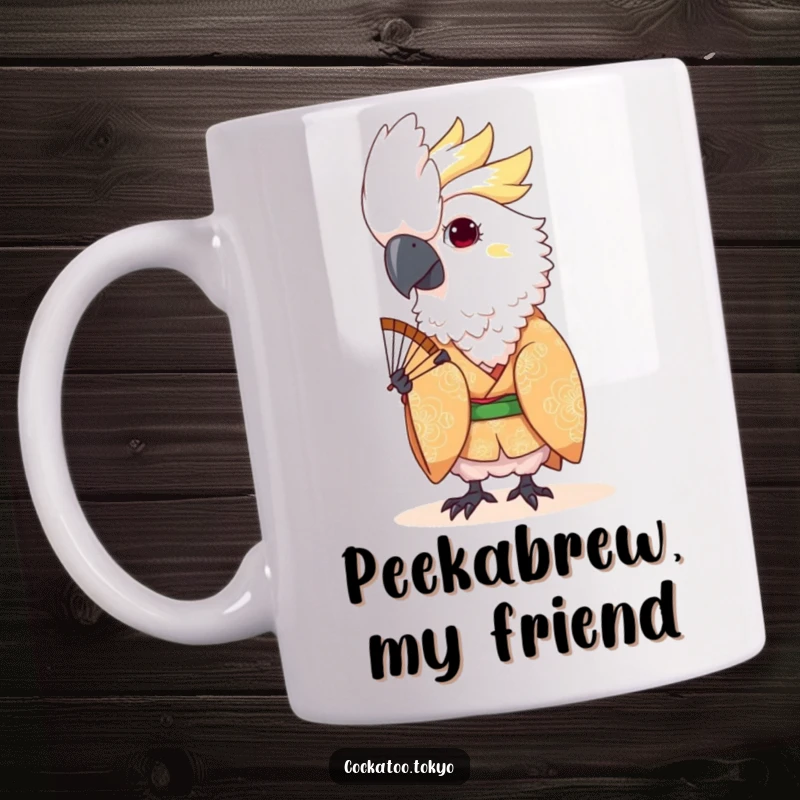 Funny Kawaii Cockatoo Mug: Bird in patterned kimono playfully peeks from behind a fan, exuding curiosity.
