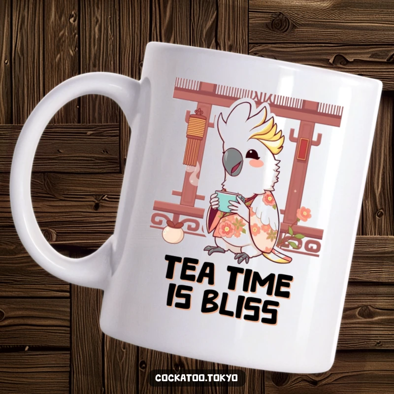 Funny Kawaii Cockatoo Mug: Bird in floral kimono sips tea joyfully, offering a moment of calm humor.