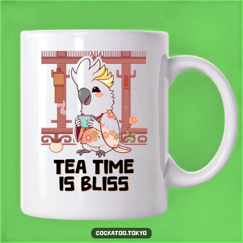 Funny Kawaii Cockatoo Tea Sip Mug: Joyful Floral Kimono Humor