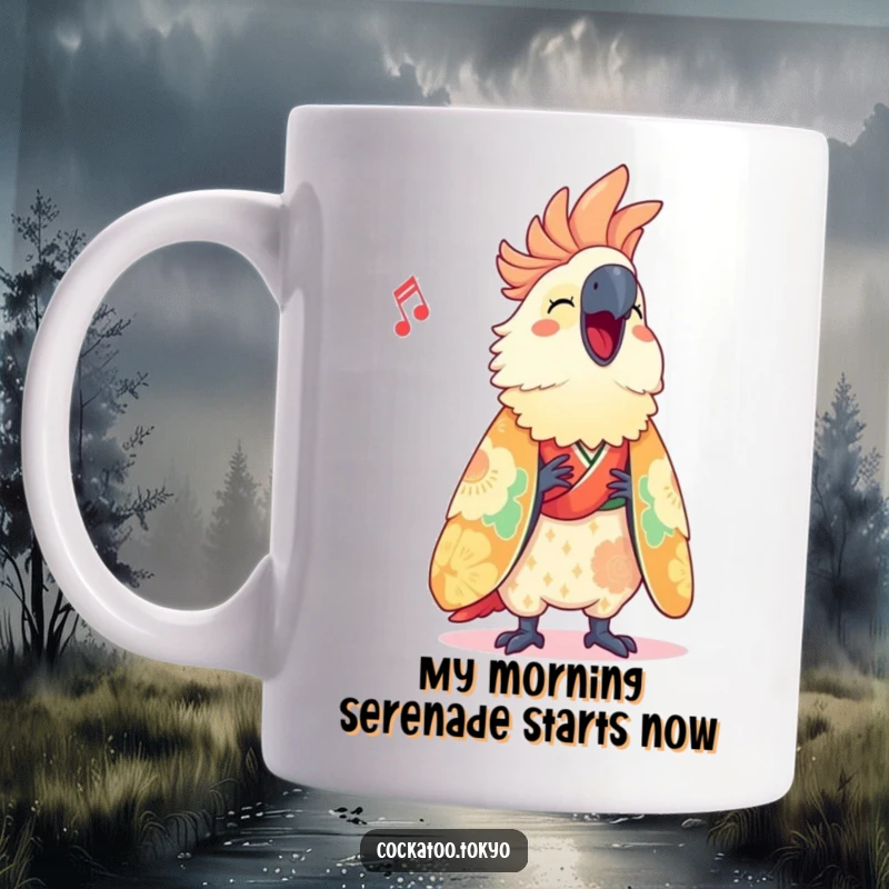 Funny Mug featuring a cute cockatoo in a vibrant kimono, happily singing its heart out with a cheerful expression.