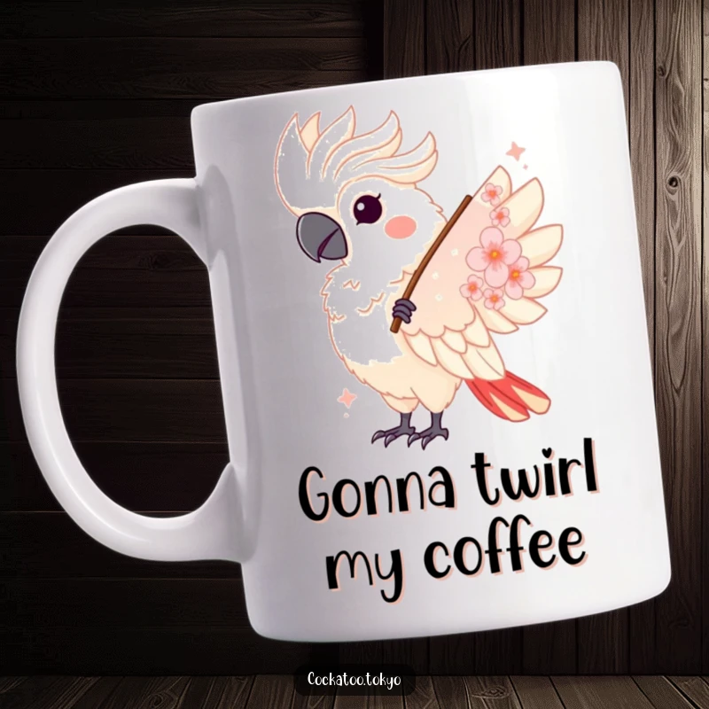 Funny Kawaii Cockatoo Mug: A bird gracefully twirls with a cherry blossom fan, exuding charm and humor.