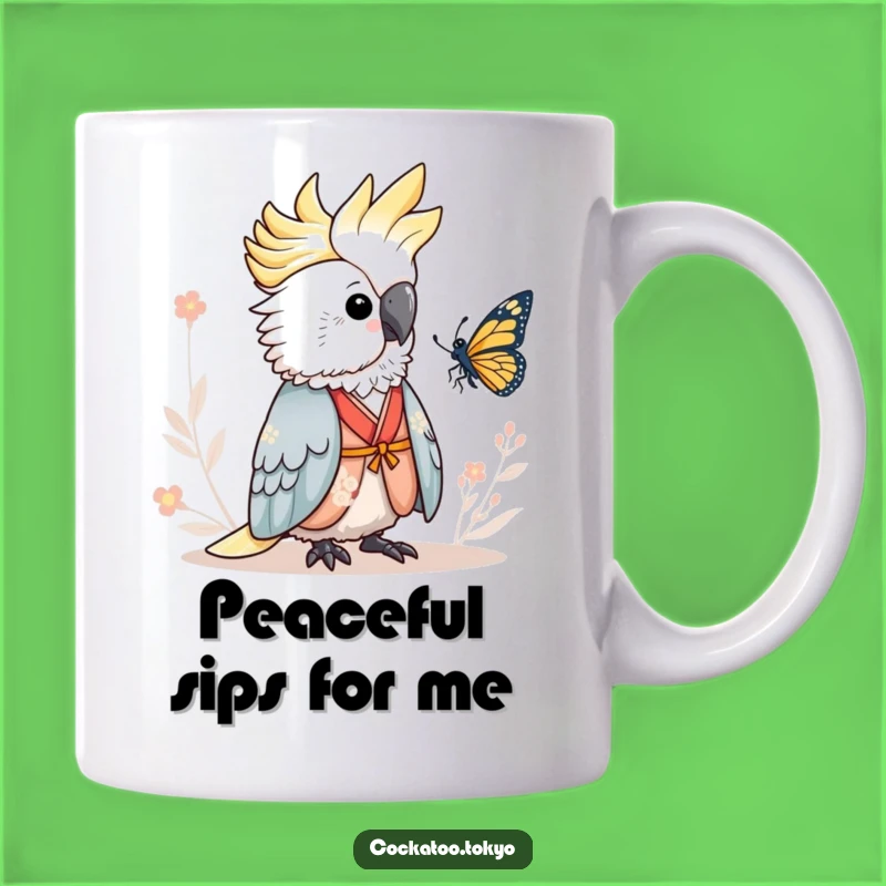 Funny Serene Cockatoo Mug: Kimono Butterfly Watcher, Peaceful Bird, Perfect Funny Gift