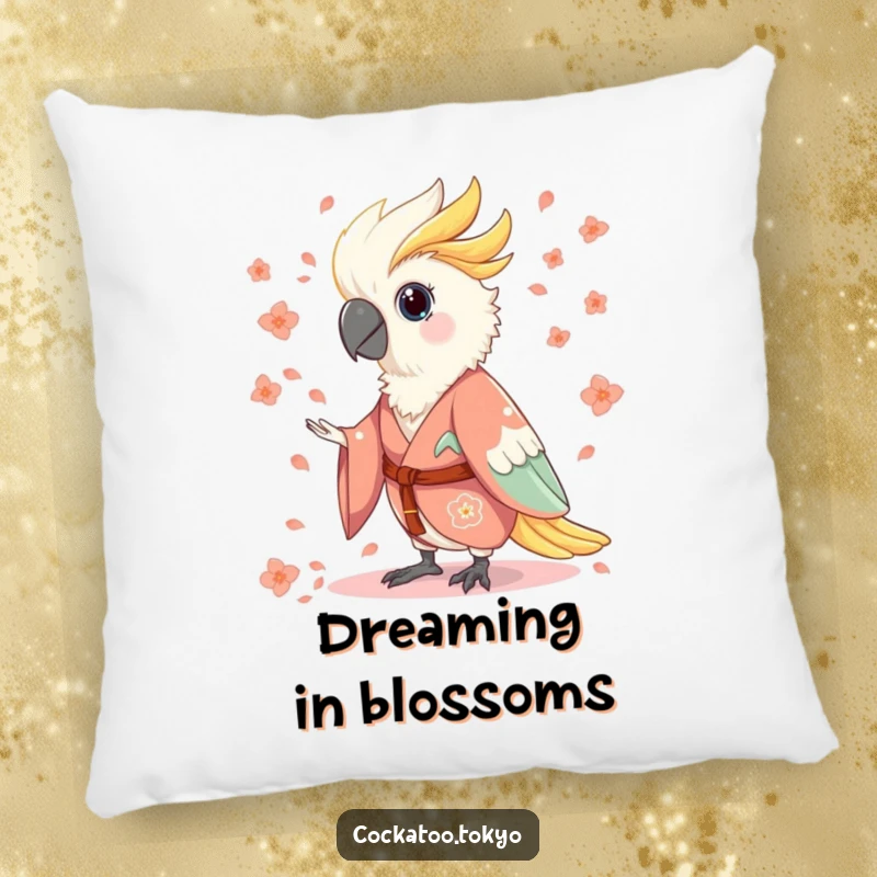 Funny Pillow featuring a charming cockatoo in a flowing kimono, humorously throwing flower petals, offering plush comfort and whimsical charm.