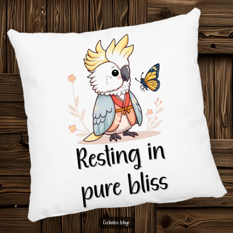 Funny Pillow featuring an adorable cockatoo in a serene kimono, peacefully watching a butterfly, offering plush comfort and humorous tranquility.