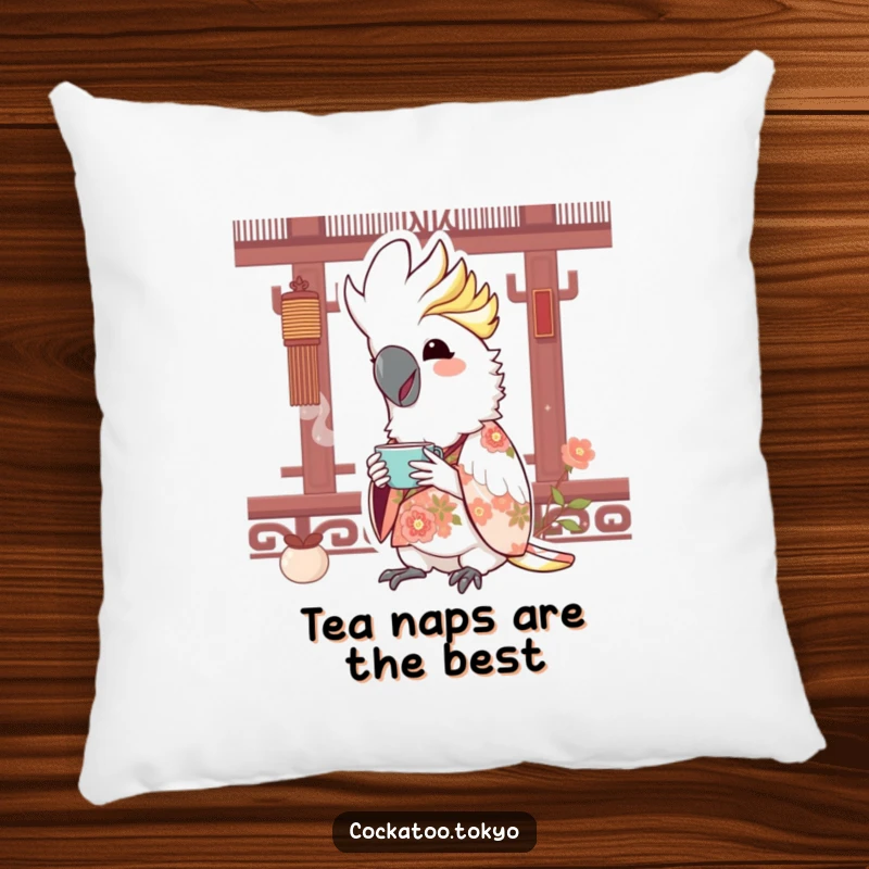 Funny Kawaii Cockatoo Pillow: Bird in floral kimono sips tea, offering cozy comfort and joyful humor.