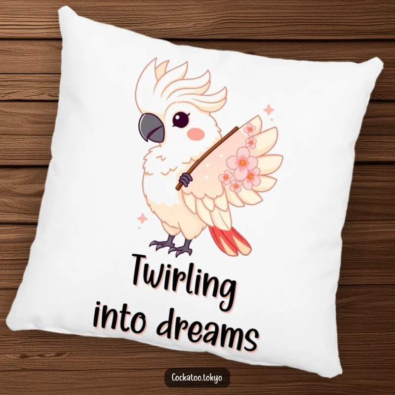 Funny Kawaii Cockatoo Pillow: Bird twirls gracefully with a fan, offering cozy comfort and elegant humor.