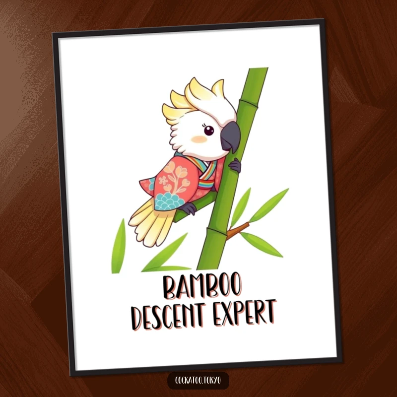 Funny Kawaii Cockatoo Digital Art: Bird in a kimono slides bamboo, a humorous and vibrant piece for instant download.