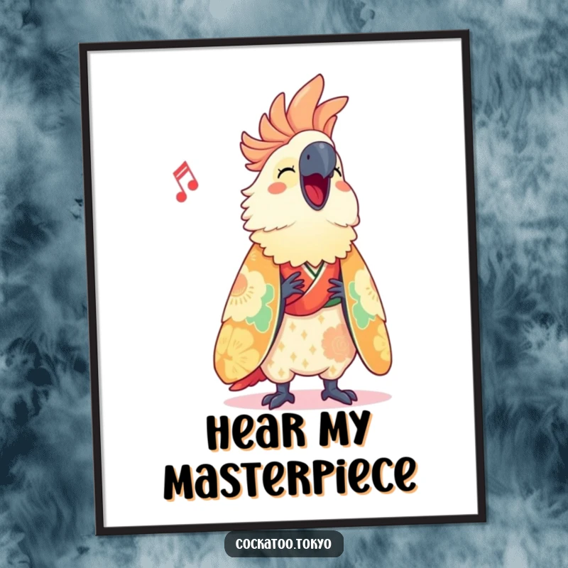 Funny Digital Art Print of a cute cockatoo in a vibrant kimono, energetically singing, creating a humorous and eye-catching wall display.