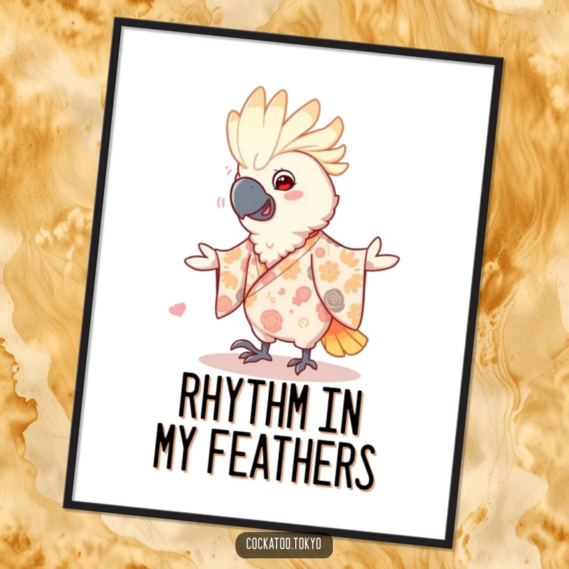 Funny Digital Art Print of a smiling cockatoo in a patterned kimono, captured mid-dance, creating a humorous and lively wall display.