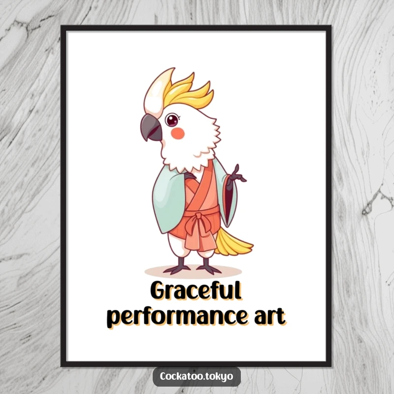 Funny Kawaii Cockatoo Digital Art: Bird in traditional kimono dances gently, an elegant and humorous piece for digital display.