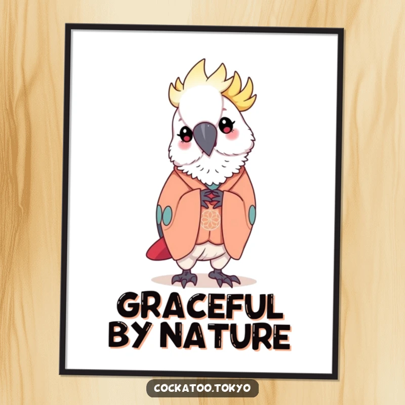 Funny Digital Art Print of a kawaii cockatoo in an elegant kimono, performing a graceful bow, adding artistic humor and refined charm.