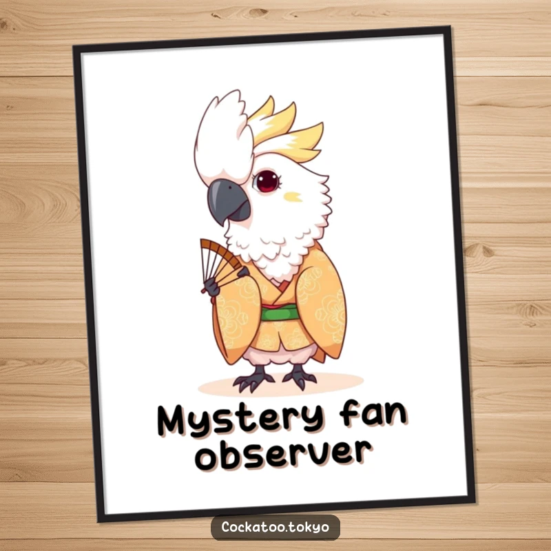 Funny Kawaii Cockatoo Digital Art: Bird in patterned kimono peeks from a fan, a playful and humorous piece for digital display.