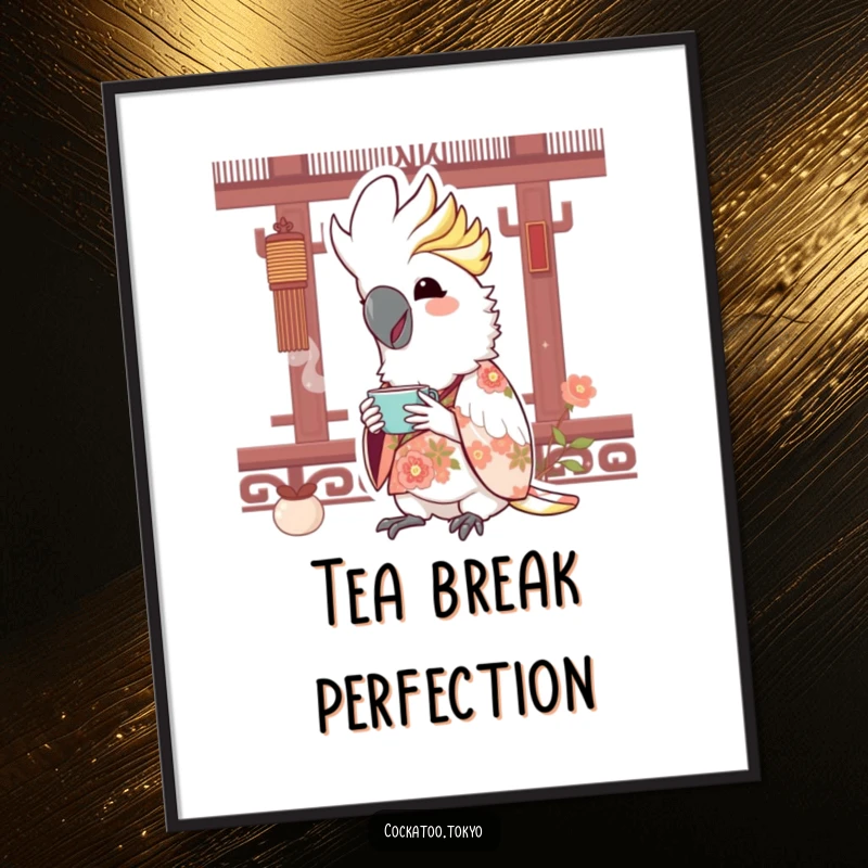 Funny Kawaii Cockatoo Digital Art: Bird in floral kimono sips tea, a joyful and humorous piece for digital display.