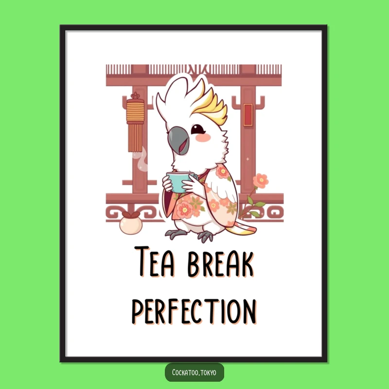 Funny Kawaii Cockatoo Floral Kimono Digital Art: Joyful Tea Time Download