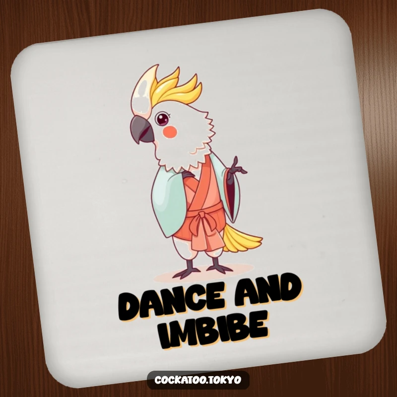 Funny Kawaii Cockatoo Coaster: Bird in traditional kimono dances gently, protecting surfaces with elegant humor.