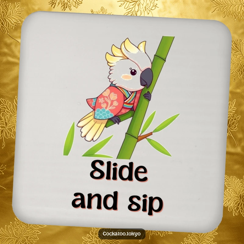 Funny Kawaii Cockatoo Coaster: Bird in a kimono slides bamboo, protecting surfaces with humor and charm.