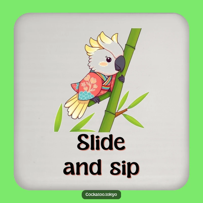 Funny Kawaii Cockatoo Bamboo Slide Drink Coaster: Hilarious Bird Protection