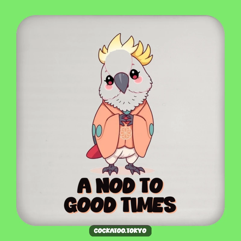 Funny Kawaii Cockatoo Coaster: Elegant Kimono Bow, Polite Bird Drink Protector, Perfect Funny Gift