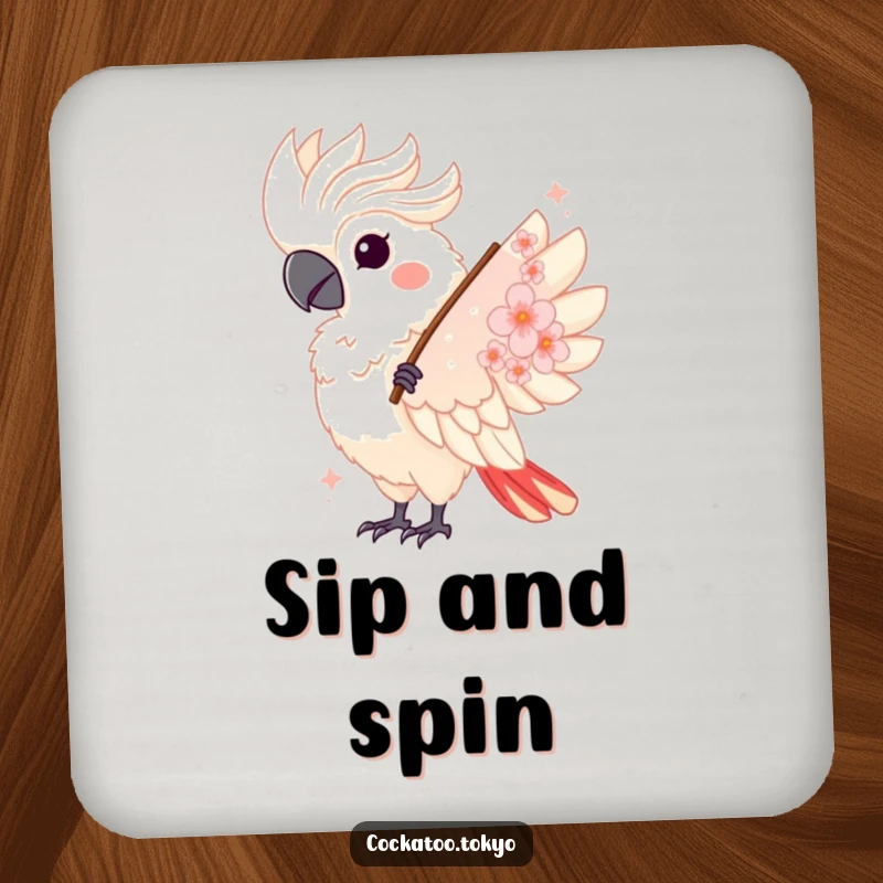 Funny Kawaii Cockatoo Coaster: Bird twirls with a fan, protecting surfaces with elegant humor and charm.