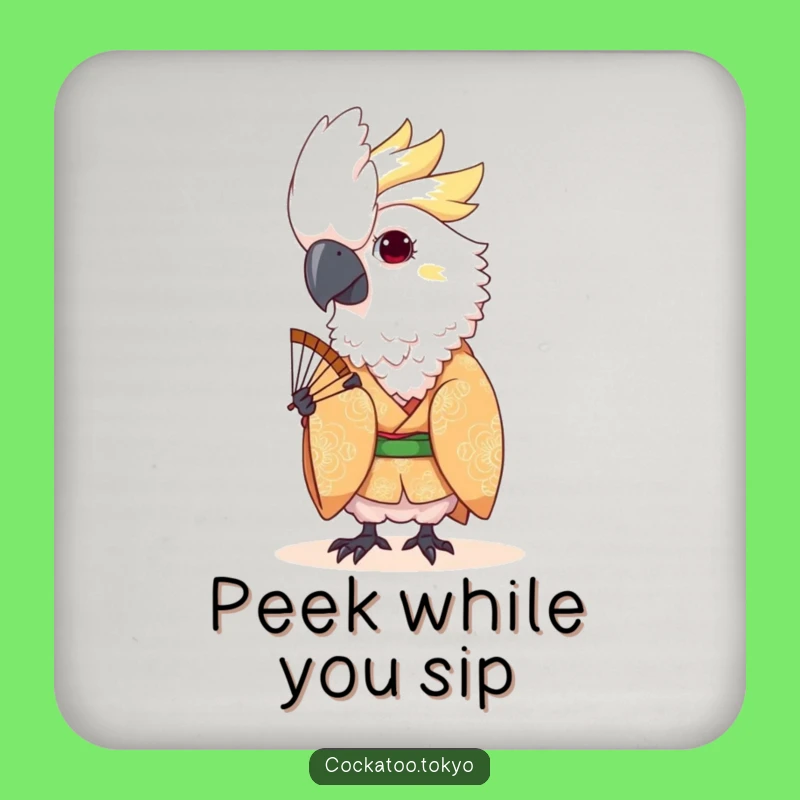 Funny Kawaii Cockatoo Fan Peek Drink Coaster: Playful Surface Protection
