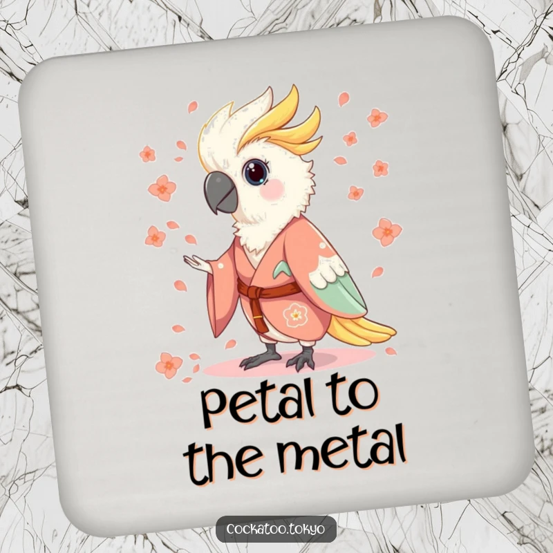 Funny Drink Coaster featuring a charming cockatoo in a flowing kimono, humorously throwing flower petals, protecting surfaces with bird-themed charm.
