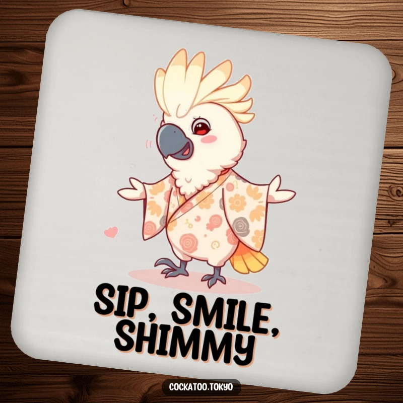Funny Drink Coaster featuring a smiling cockatoo in a patterned kimono, dancing playfully, protecting surfaces with bird-themed fun.