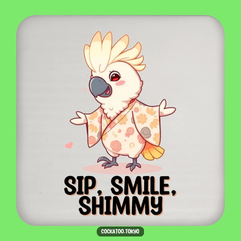 Funny Dancing Cockatoo Coaster: Patterned Kimono Flair, Playful Bird Drink Protector, Perfect Funny Gift
