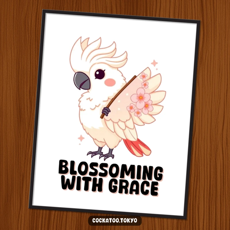 Funny Kawaii Cockatoo Poster: Bird twirls gracefully with a cherry blossom fan, creating elegant and humorous wall art.