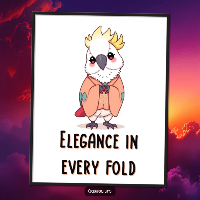 Funny Poster of a kawaii cockatoo in an elegant kimono, performing a graceful bow, adding artistic humor and elegance to any room.
