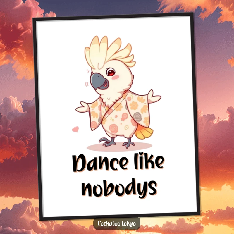Funny Poster of a smiling cockatoo in a patterned kimono, captured mid-dance with joyful abandon, a humorous and dynamic wall art.